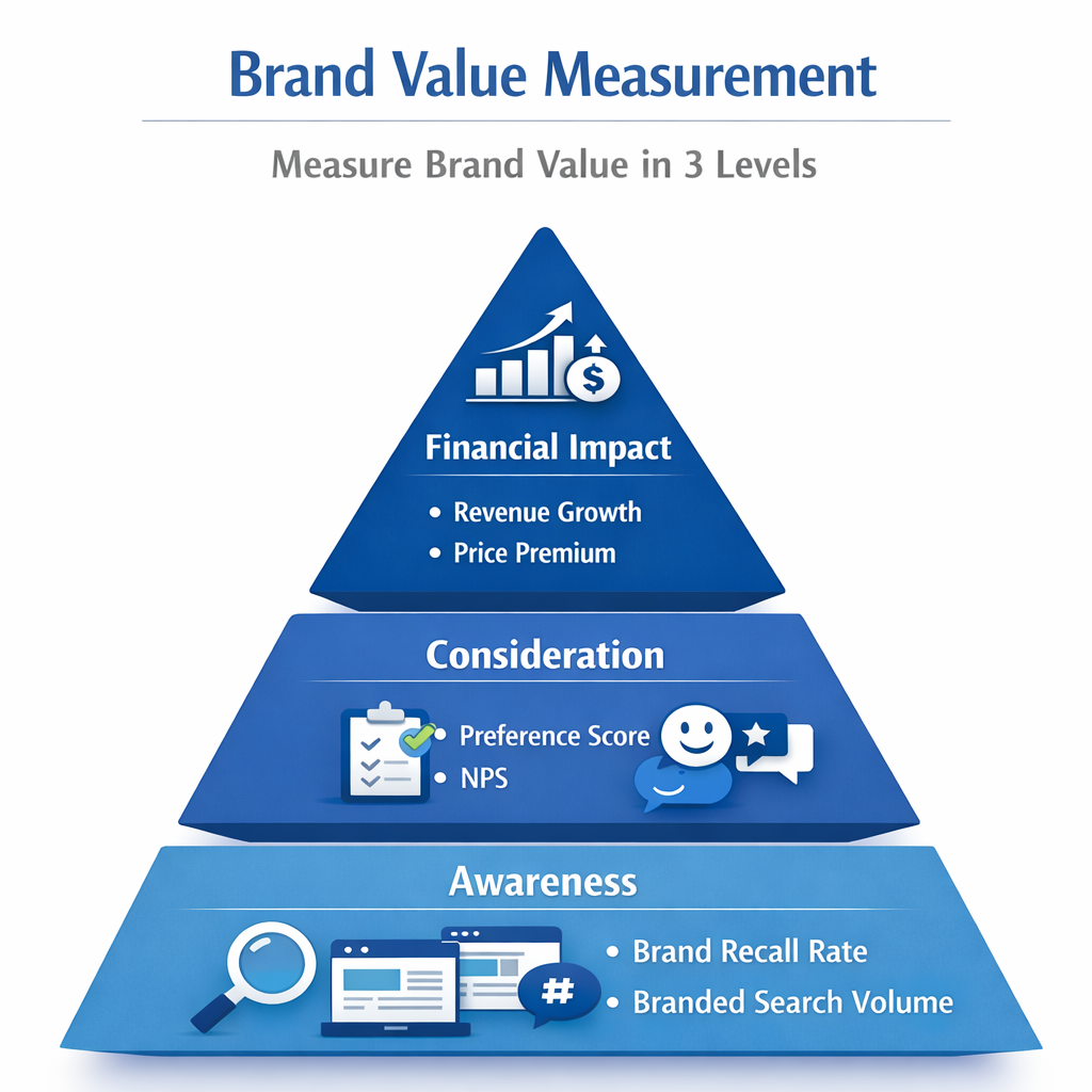 Brand RIO (value) measurement pyramid showing awareness, consideration, and financial impact levels Brand RIO (value) measurement pyramid showing awareness, consideration, and financial impact levels